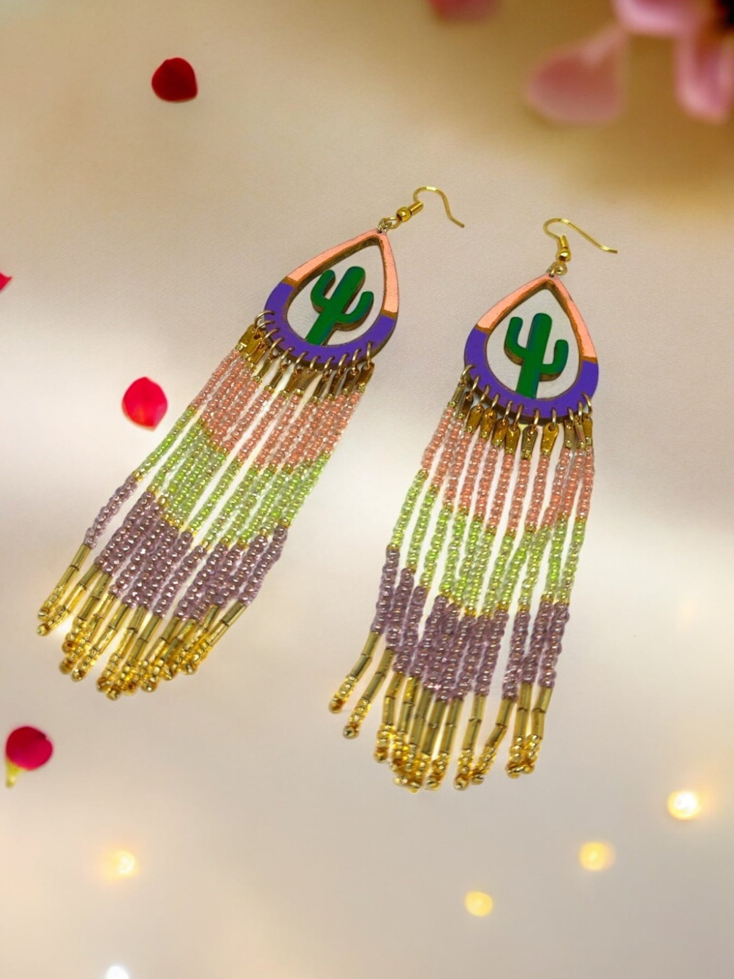 Anusangi Collections colorful statement earrings for women with beaded fringe and cactus design