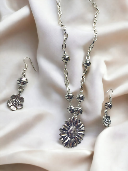 Anusangi Collections beaded jewelry set with sunflower pendant and floral earrings handmade daily wear jewelry