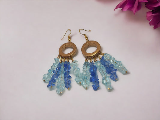 Anusangi Collections handmade dreamcatcher earrings with blue and light blue beads and circular gold frames