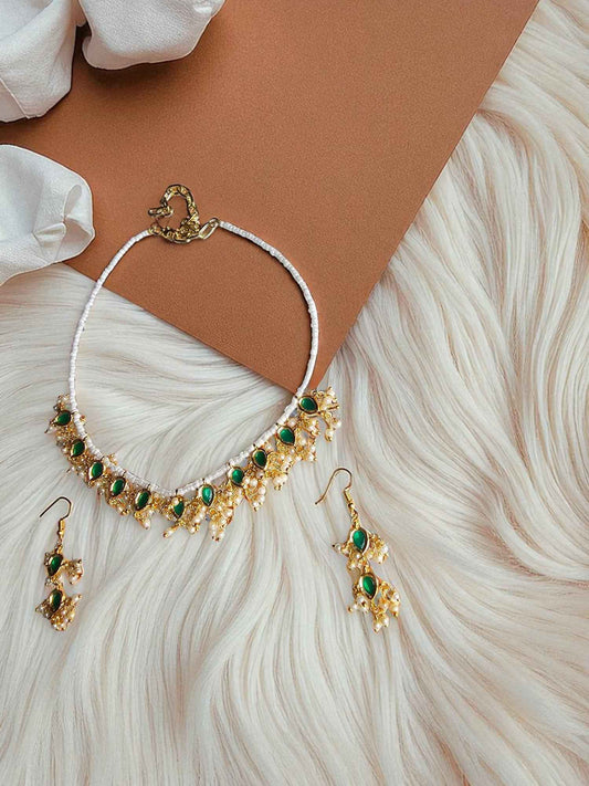 Gold with Emerald Green Beads Necklace - Anusangi Collections