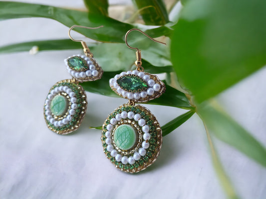 Handmade green embroidery earrings with pearl beads and gold accents from Anusangi Collections