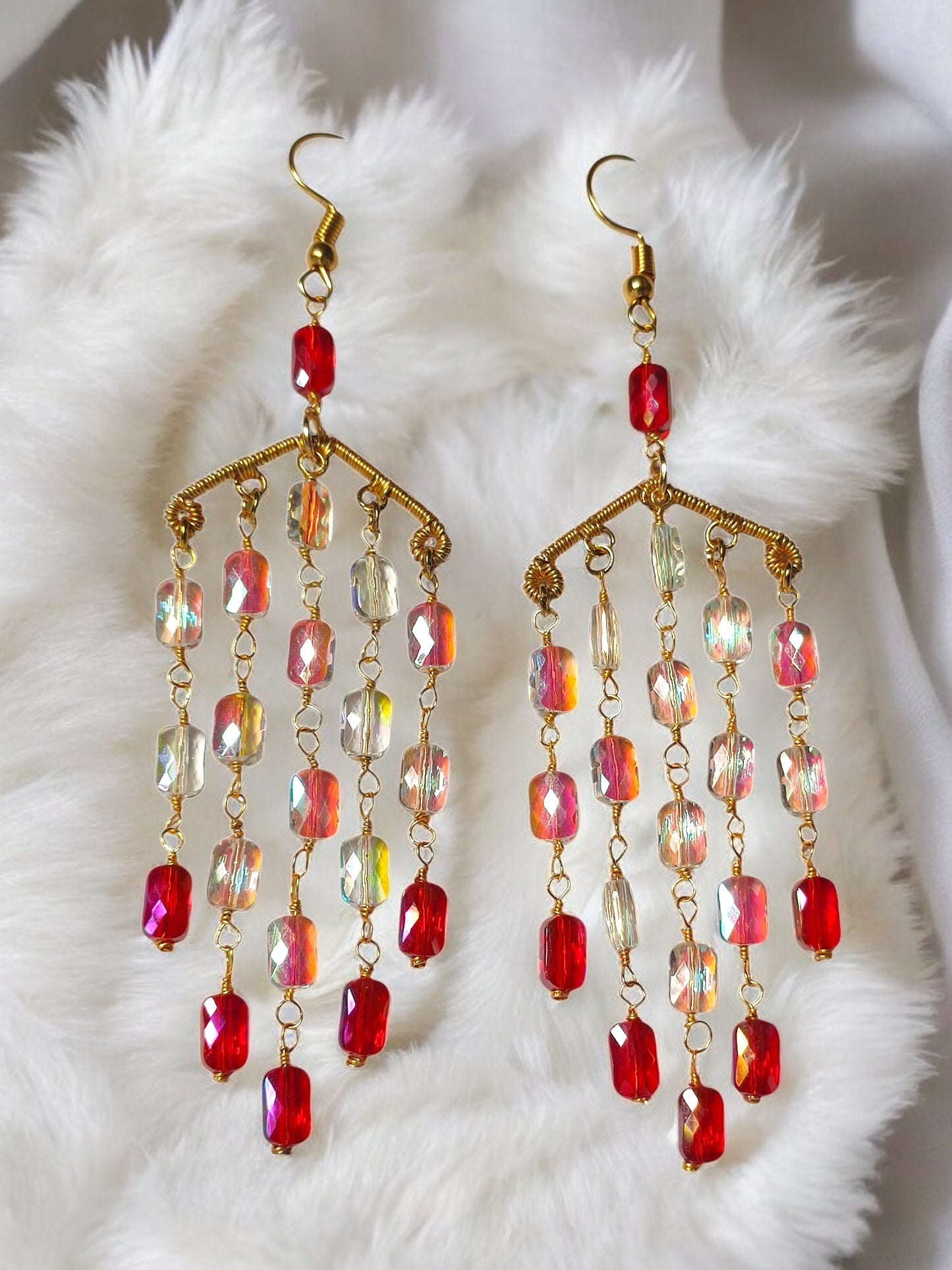 Handmade long dangle earrings with red and iridescent beads by Anusangi Collections