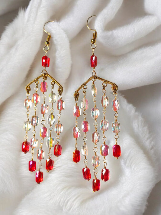 Anusangi Collections handmade long dangle earrings with red and clear beads on gold chains