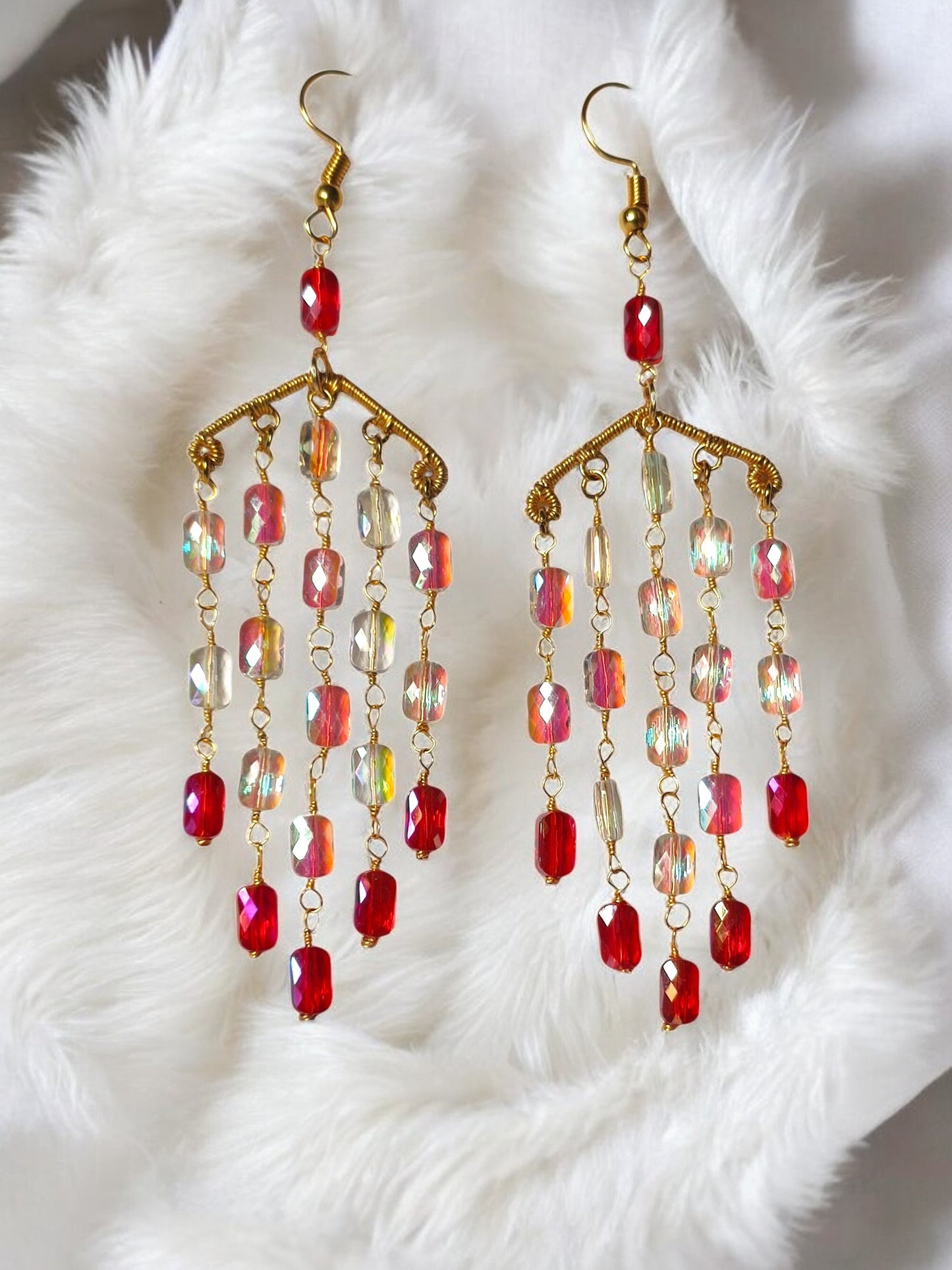 Anusangi Collections handmade long dangle earrings with red and iridescent beads on gold chains