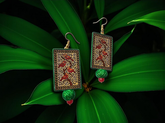 Handmade Madhubani jewelry fabric earrings featuring intricate patterns and vibrant colors
