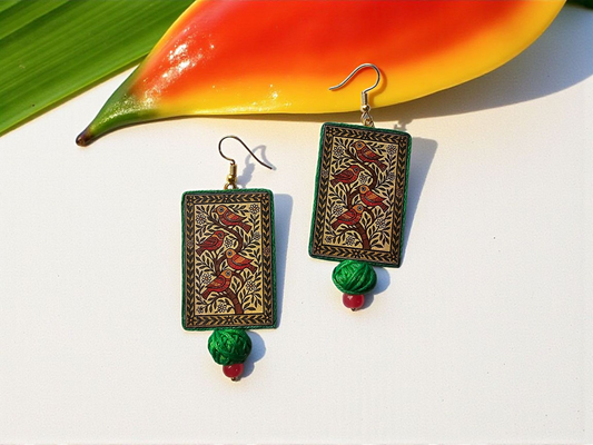 Handmade Madhubani jewelry fabric earrings featuring intricate designs and colorful beads