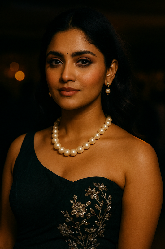 Woman wearing handmade pearl necklace and earrings from Anusangi Collections with black embroidered dress