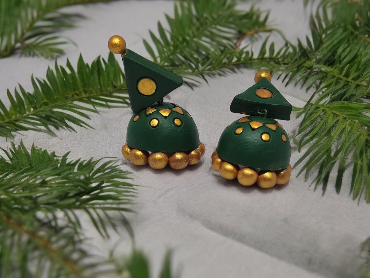 Anusangi Collections handmade terracotta jewelry green and gold terracotta earrings with geometric design