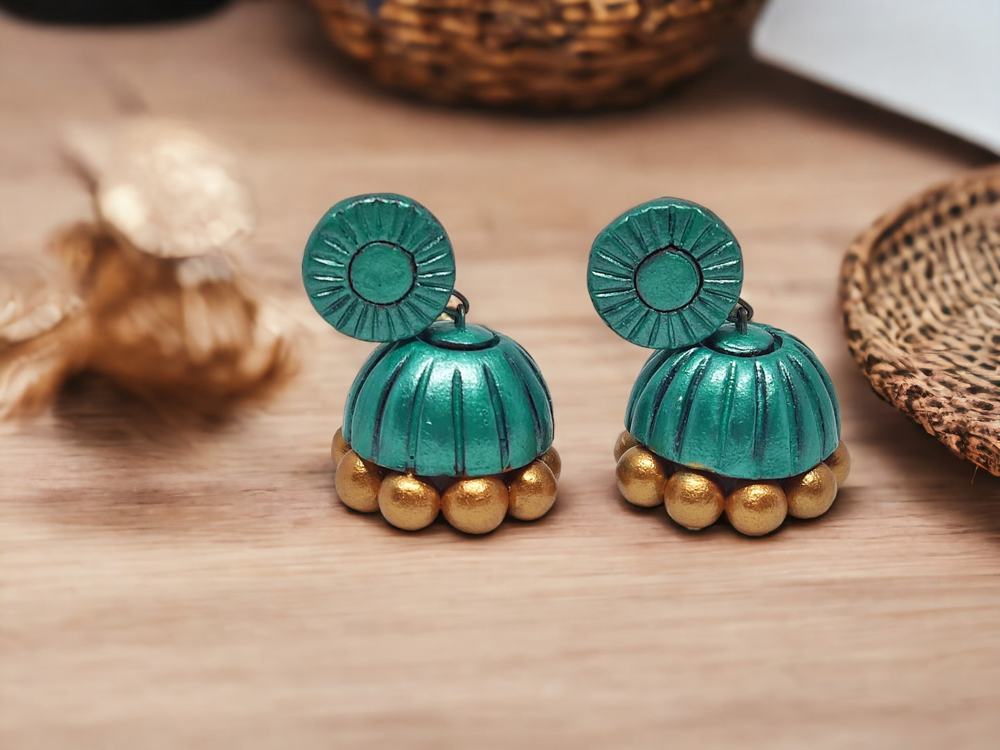 Handmade Terracotta jhumka earrings in teal and gold with floral design from Anusangi Collections