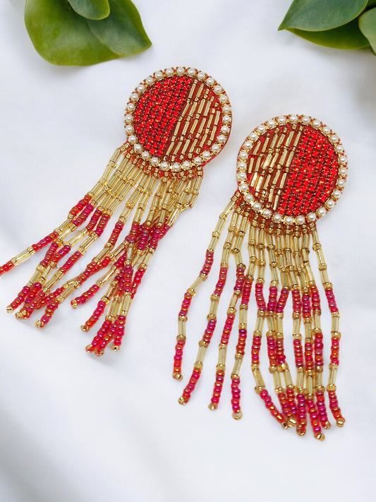Anusangi Collections handstitched beaded embroidery earrings with red and gold beads and pearl trim