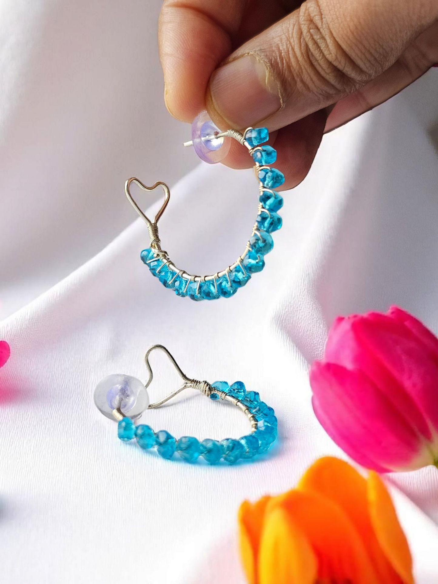 Anusangi Collections Heart Hoop Wire wrap Earring with blue beads and heart-shaped wire design