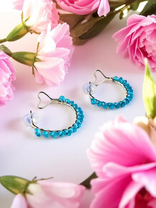 Anusangi Collections Heart Hoop Wire wrap Earring with blue beads surrounded by pink flowers