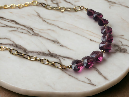 Heart motif crystal with chain necklace featuring purple crystals and gold links from Anusangi Collections