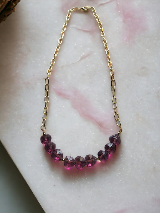 Heart motif crystal with chain necklace featuring purple beads and gold links from Anusangi Collections