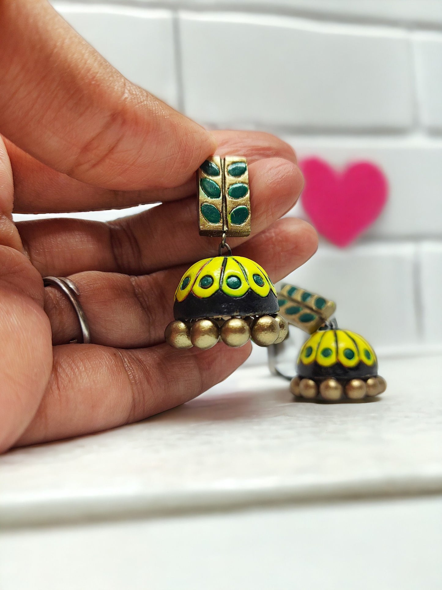 Indrani Jhumka terracotta earring for women by Anusangi Collections in yellow and green design