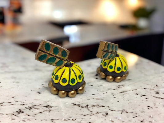 Indrani Jhumka terracotta earring for women in yellow and green from Anusangi Collections