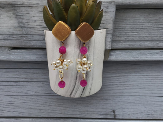Ishana terracotta earrings with gold square tops, pink beads, and clustered white pearls by Anusangi Collections