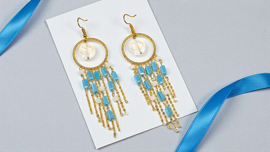 Anusangi Collections Jalpari Cascade Hoops beaded earrings with gold chains and blue stones