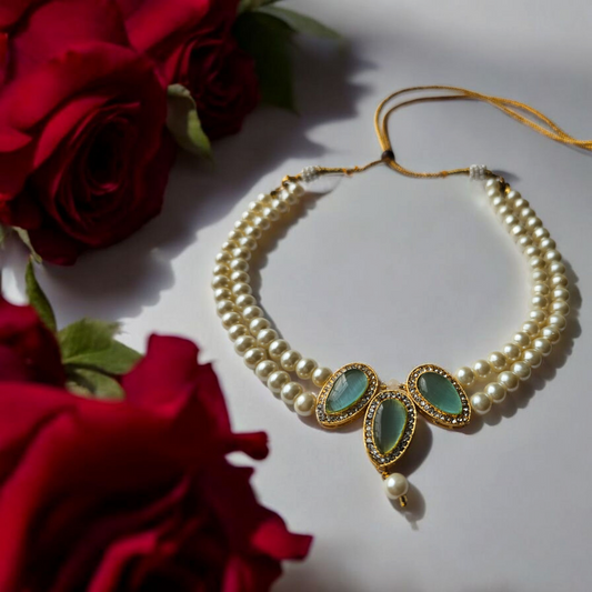 Anusangi Collections kundan choker necklace for women with pearl beads and green gemstones