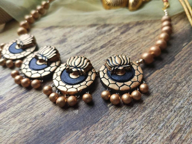 Lotus Malhar Terracotta Necklace by Anusangi Collections with intricate artsy pendant design