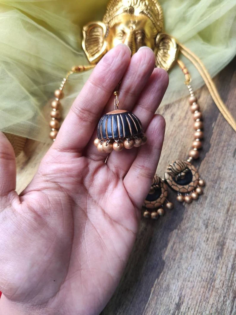 Lotus Malhar Terracotta Necklace with intricate jhumka pendant and matching beads from Anusangi Collections