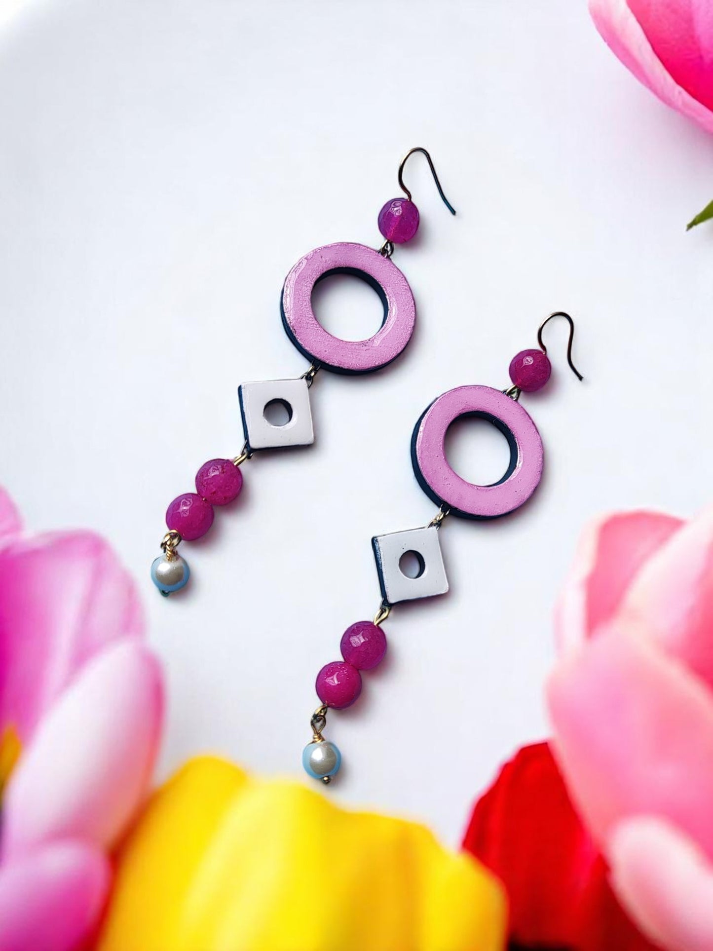 Mahika terracotta long earring in pink and white with bead and pearl details from Anusangi Collections