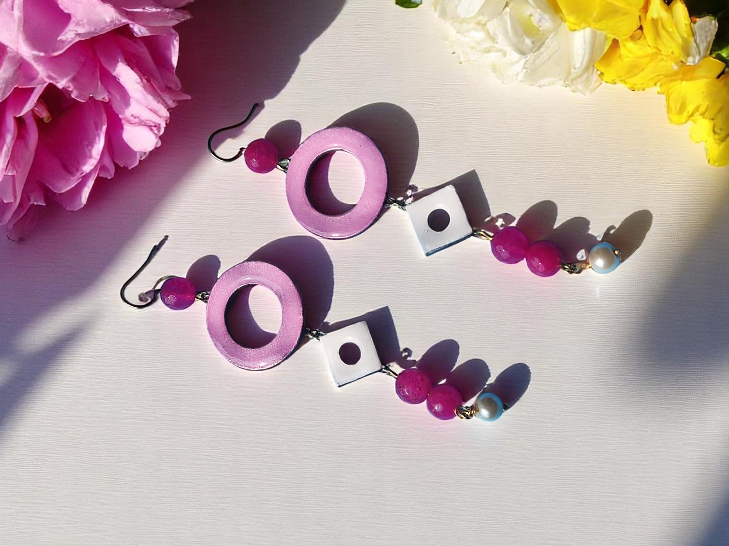 Mahika terracotta long earring in pink and white with bead and pearl accents from Anusangi Collections