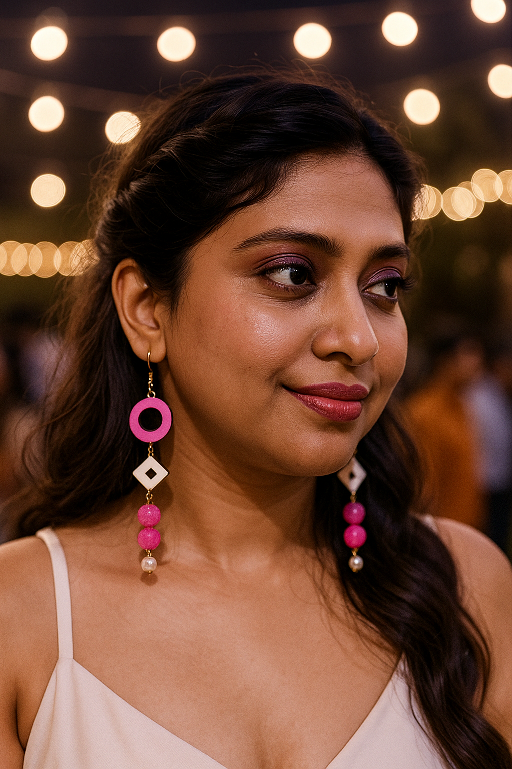 Mahika terracotta long earring from Anusangi Collections worn by woman in white top at night