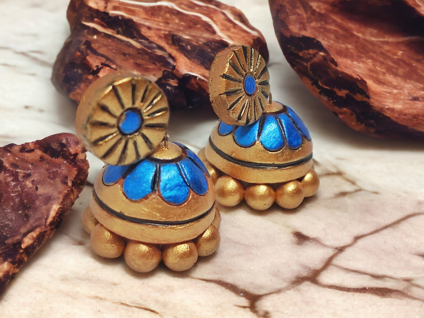 Anusangi Collections terracotta Maithili Jhumka earrings with blue and gold design