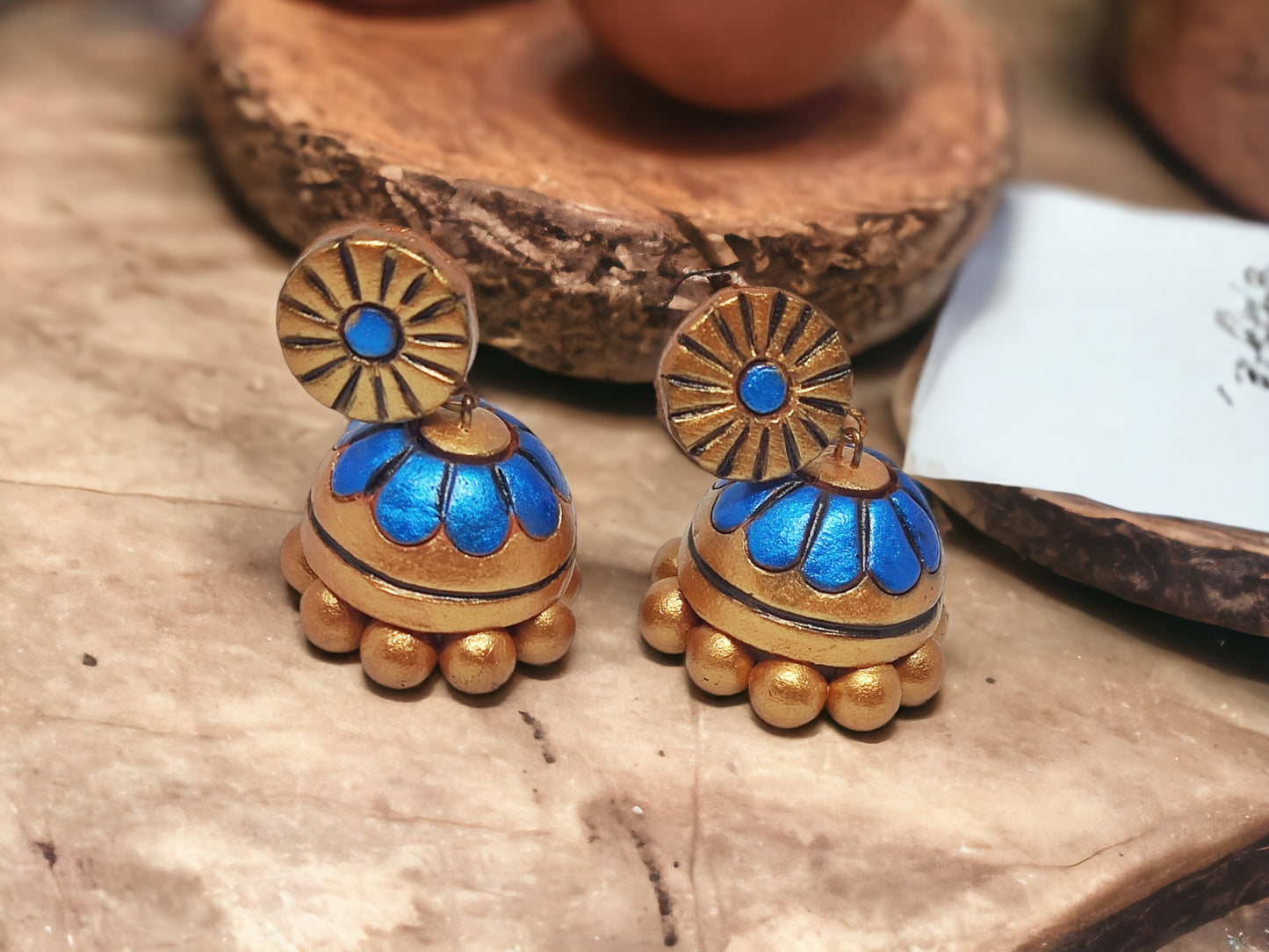 Terracotta Maithili Jhumka earrings with blue and gold design from Anusangi Collections