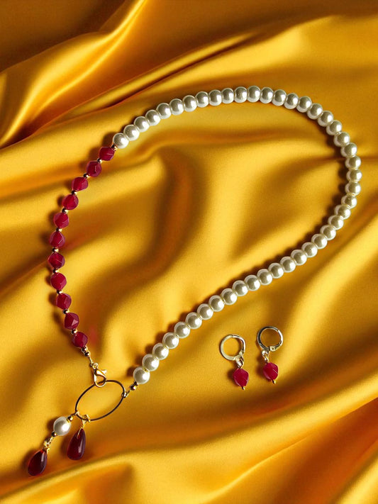 Elegant maroon and pearl jewelry set featuring a necklace and matching earrings perfect for special occasions