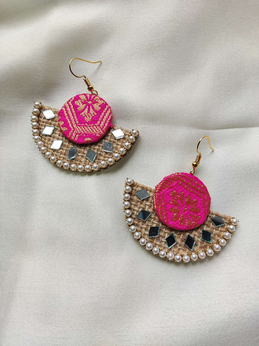 Anusangi Collections mirror fabric earrings with pink fabric and decorative mirrors and pearls