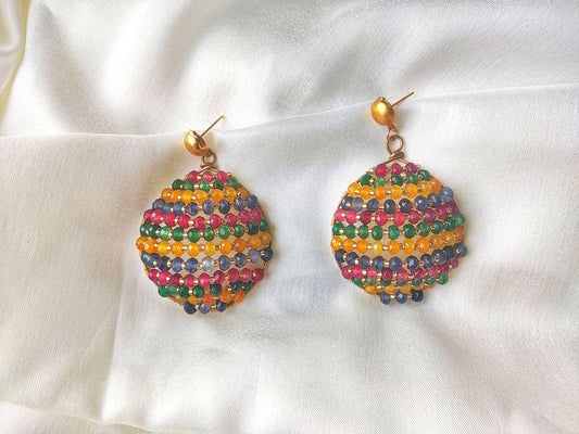 Anusangi Collections multi color agate earrings beaded round dangle earrings with gold studs