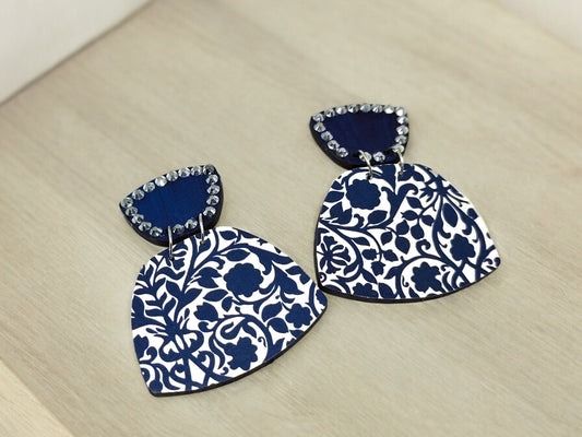 Anusangi Collections navy blue white handmade earrings with floral pattern and rhinestone detailing