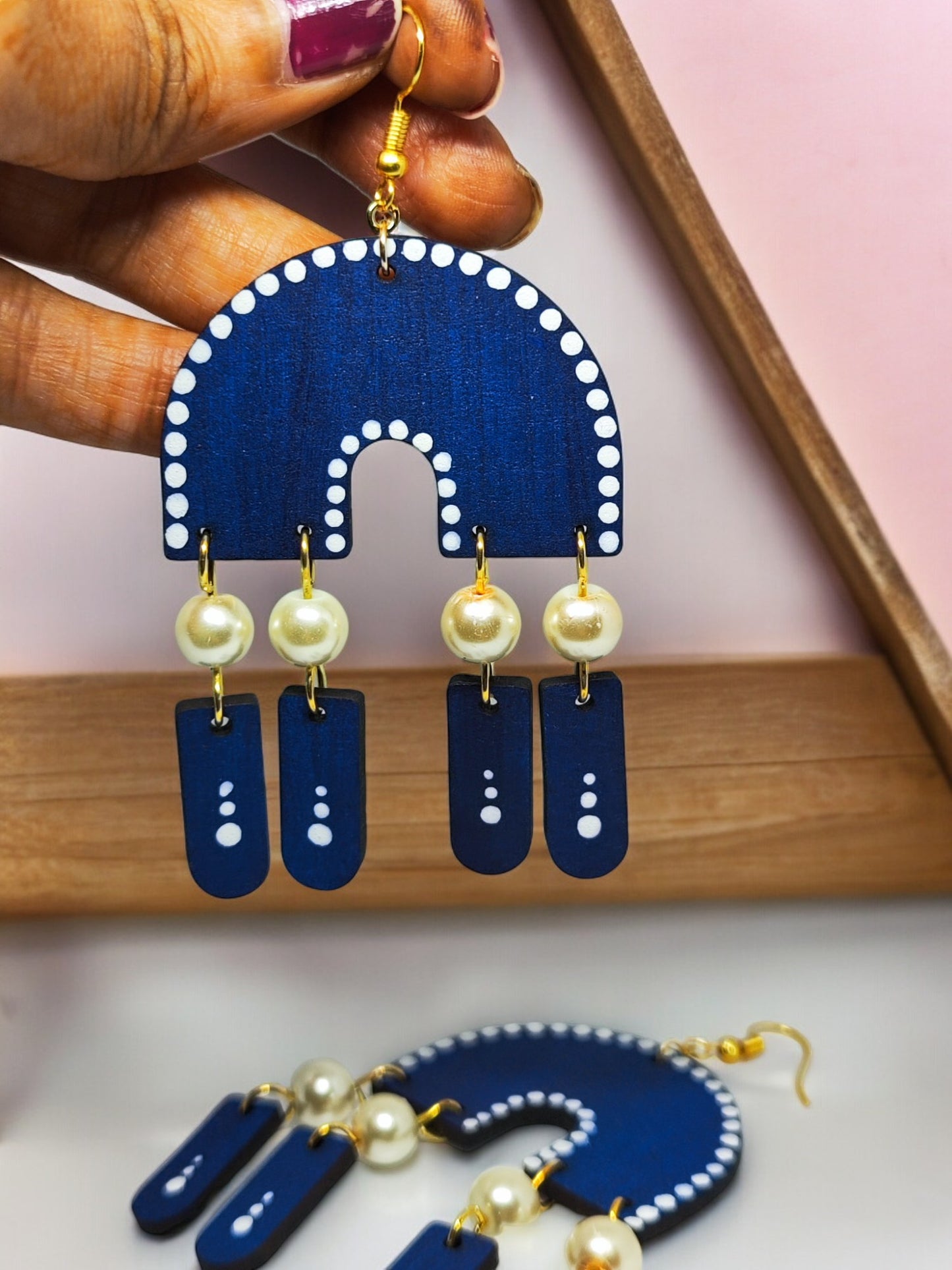 Nila blue statement earrings by Anusangi Collections featuring beaded blue design with pearl accents