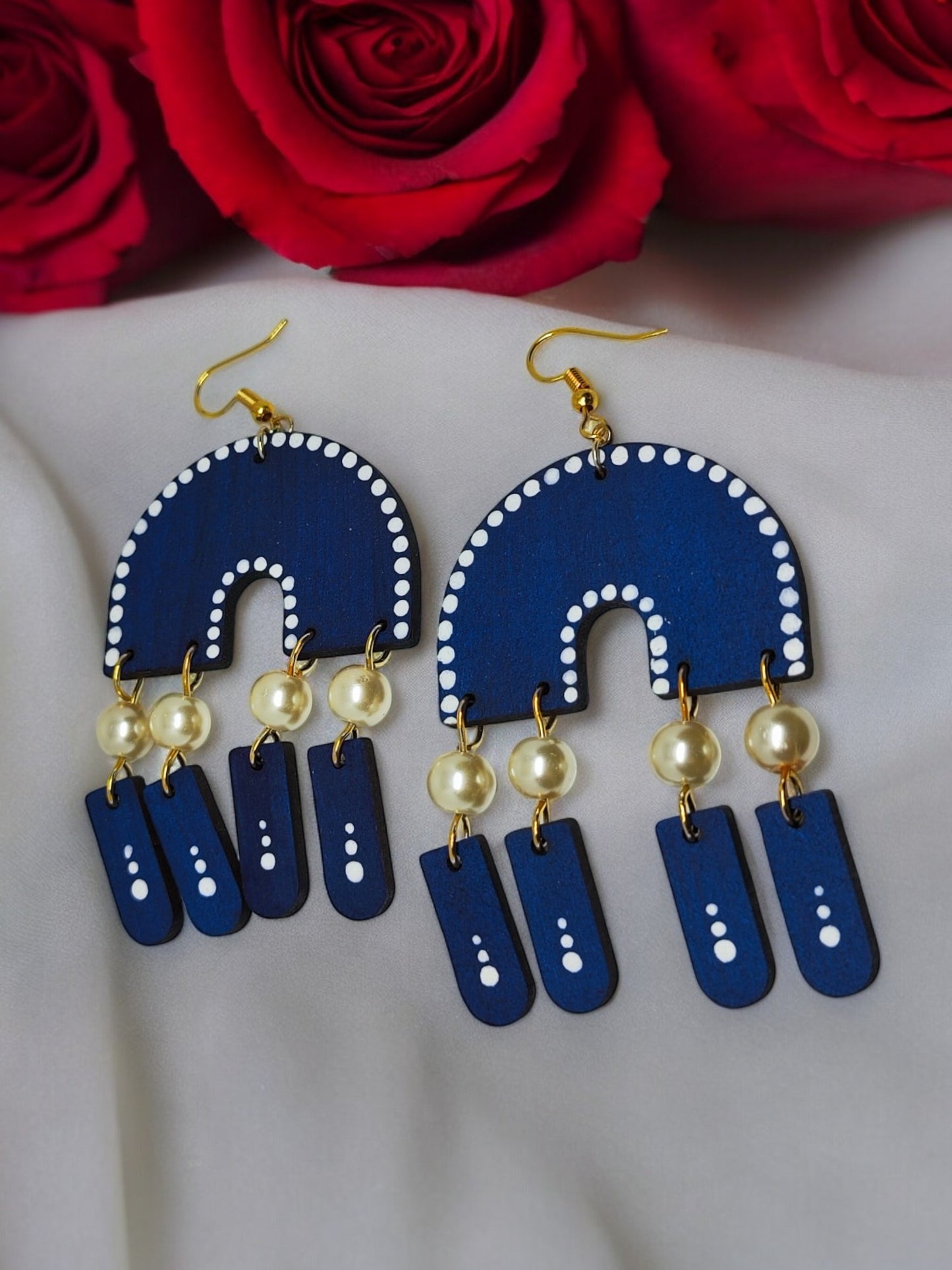 Nila blue statement earrings by Anusangi Collections with beads and pearl-like accents