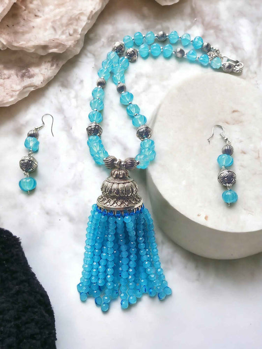 "Nilima" - Blue Beaded long Jewelry Set - Anusangi Collections