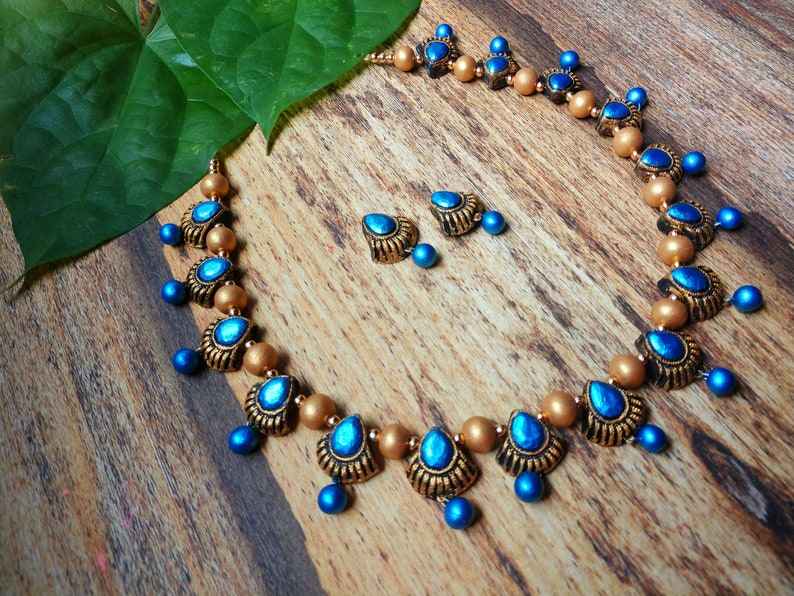 "Ocean Blue Carapace" - Terracotta Necklace Set - Anusangi Collections