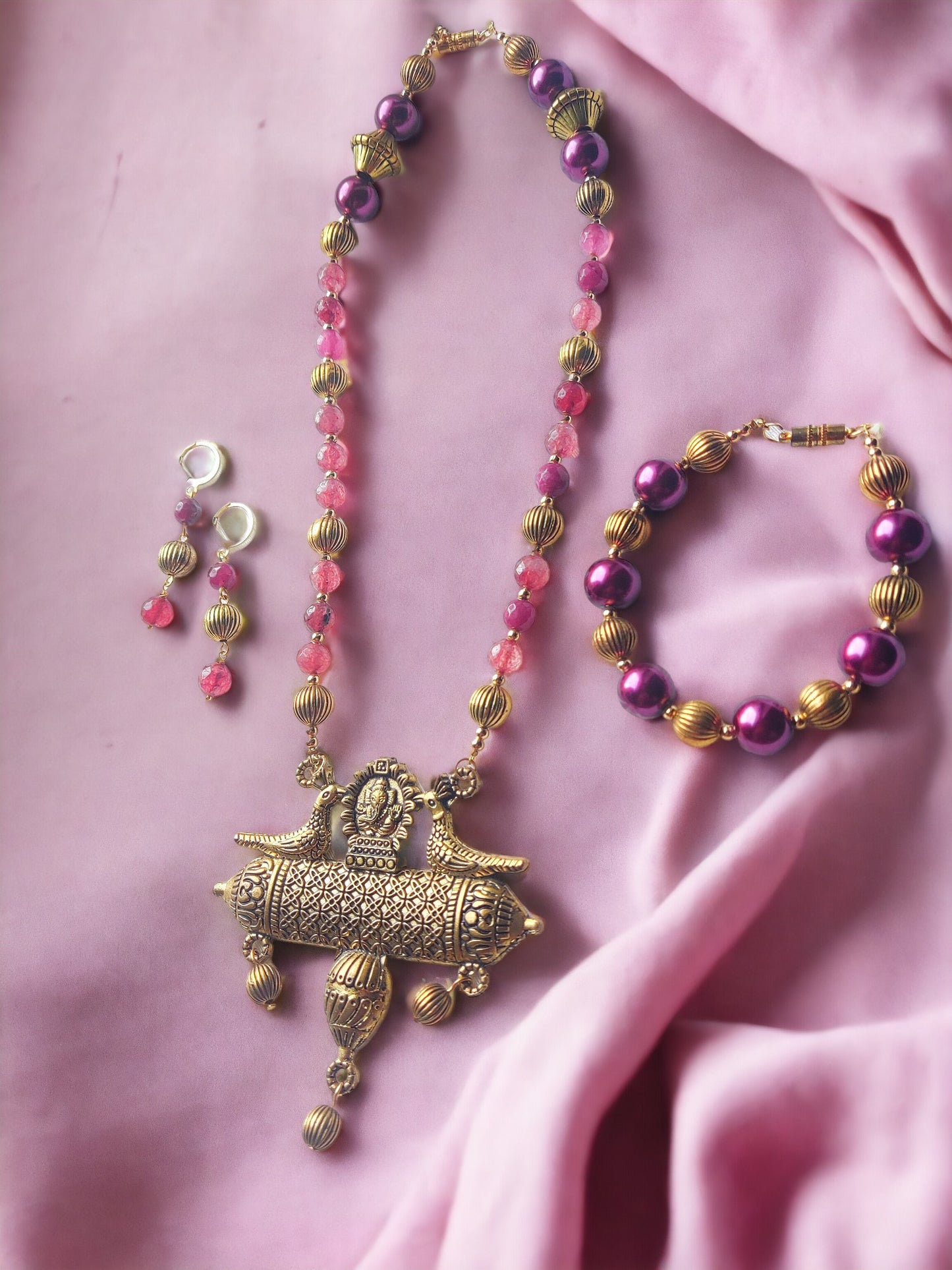 Ojasvi 3 piece jewelry set by Anusangi Collections featuring beaded necklace bracelet and earrings