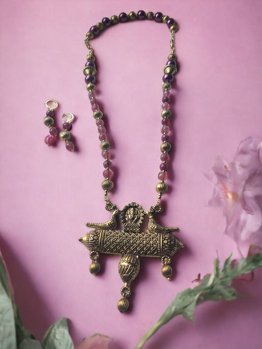 Ojasvi 3 piece jewelry set by Anusangi Collections featuring beaded necklace with intricate pendant and matching earrings