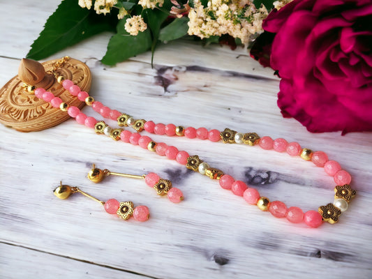 Anusangi Collections pink onyx bead jewelry handmade necklace and matching earrings with gold accents