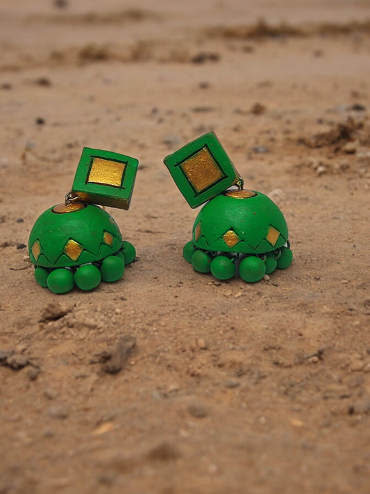 Parrot green terracotta earrings by Anusangi Collections with geometric design and bead detailing