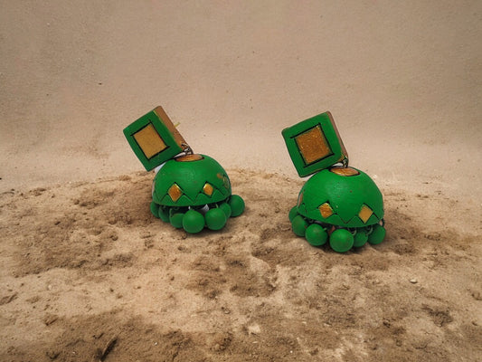 Parrot green terracotta earrings with square tops and decorative beads from Anusangi Collections