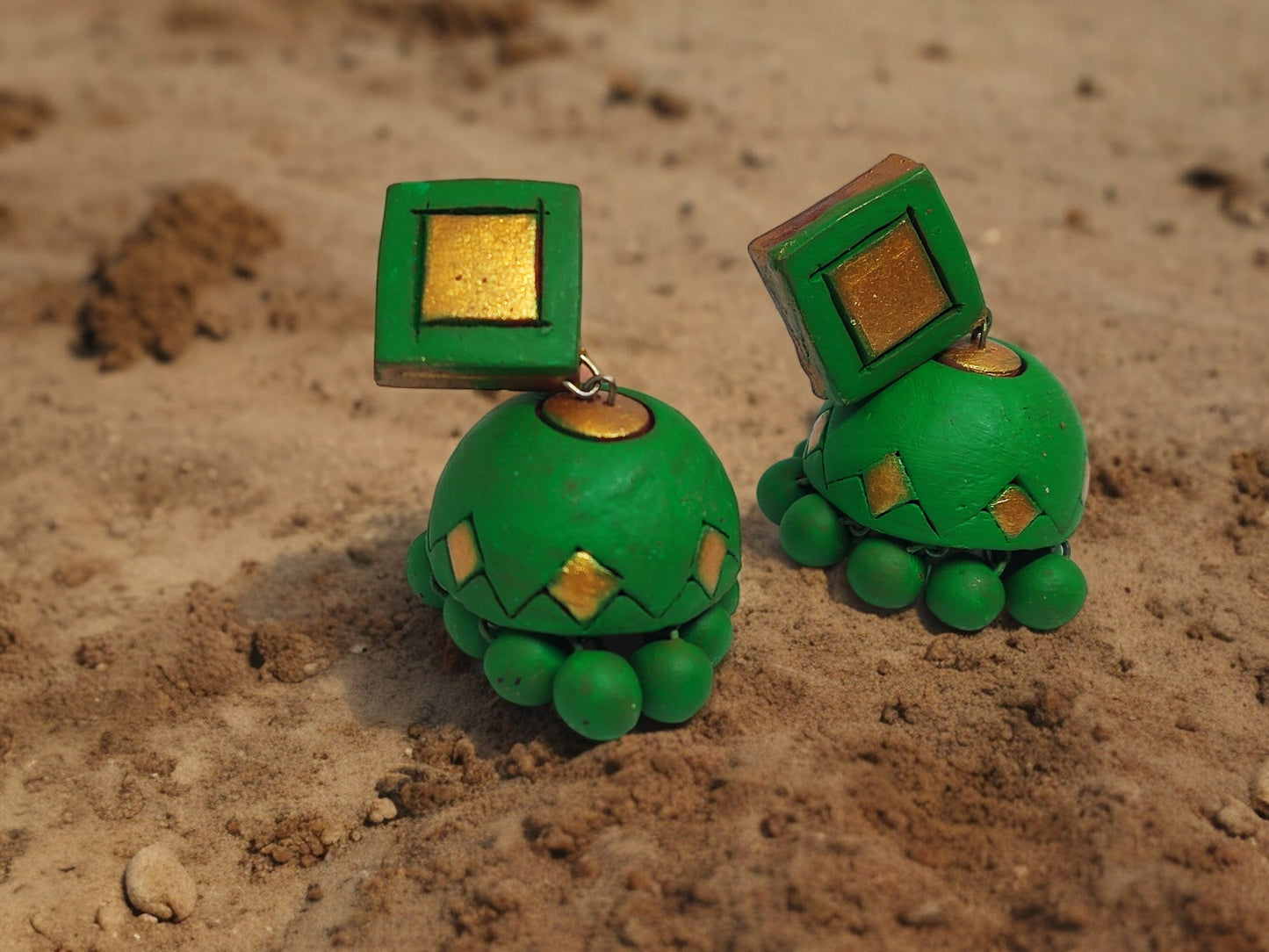 Parrot green terracotta earrings with square gold accents and bead detailing by Anusangi Collections