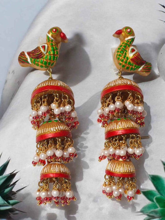 Pakshiraj - Parrot Motif Terracotta Jhumka Earrings - Anusangi Collections