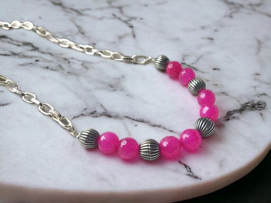 Silver chain necklace with bright pink agate beads jewelry and textured silver round accents