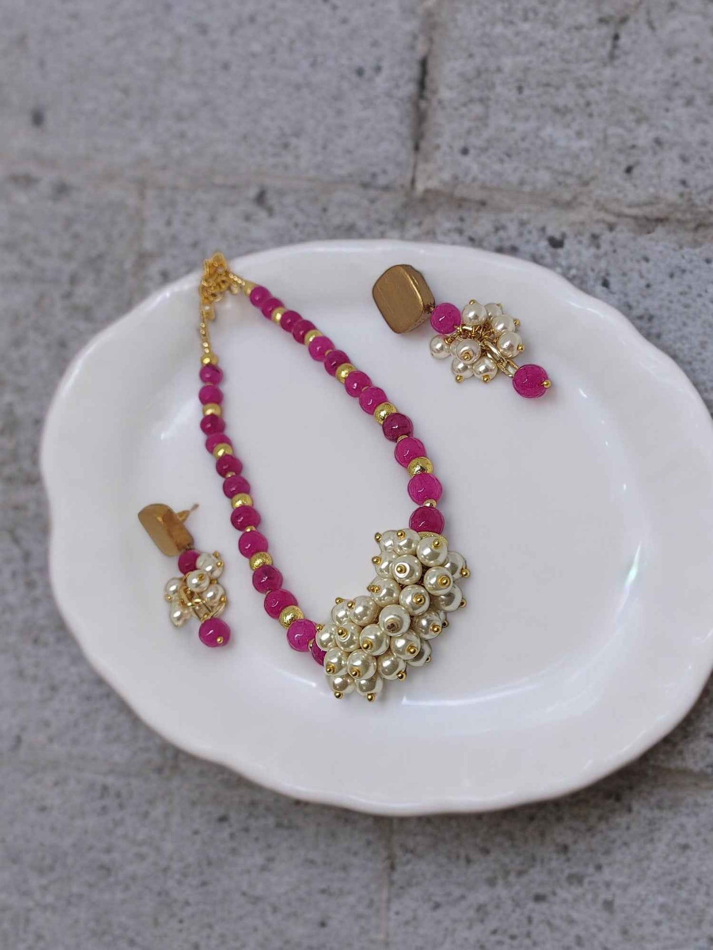 Pink and Pearl Necklace Earrings Set - Anusangi Collections