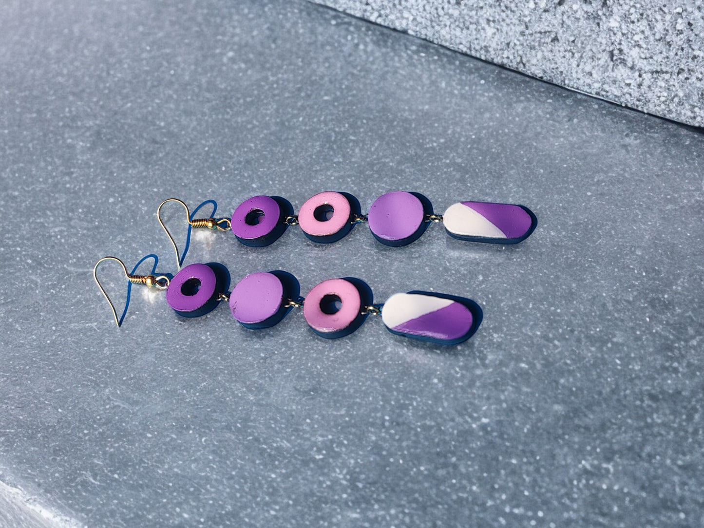 Purple statement earrings terracotta handcrafted with geometric shapes from Anusangi Collections