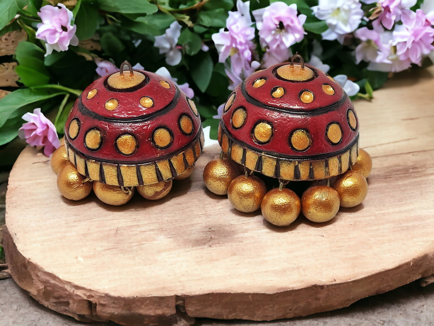 Rambha Jhumka Terracotta Earring by Anusangi Collections in red and gold with traditional design