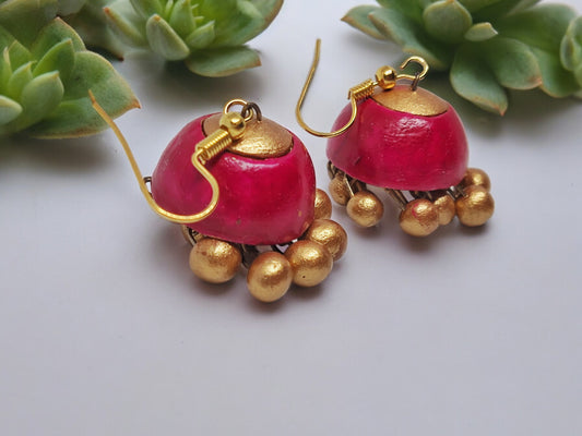 Sarala pink Terracotta jhumka for women with golden bead accents from Anusangi Collections